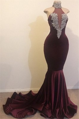 Burgundy Maroon Elegant Mermaid High Neck Velvet Prom Dress UKes UK UK_1