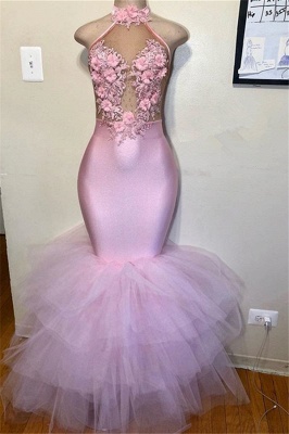 Sexy Pink Halter without Sleeve Flower Lace Appliques Tulle Elegant Mermaid Prom Dress UK UK_1