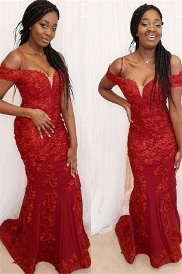 Red Off-the-Shoulder Applique Prom Dress UKes UK Mermaid Sleeveless Elegant Evening Dress UKes UK_1
