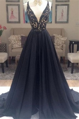 Black Lace Elegant V-Neck Sleeveless Prom Dress UKes UK Open Back Evening Dress UKes UK with Beads_2