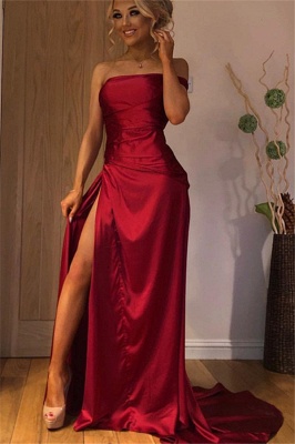 Simple Red Strapless Bateau Side-Split A-Line Evening Dress UK UK_1