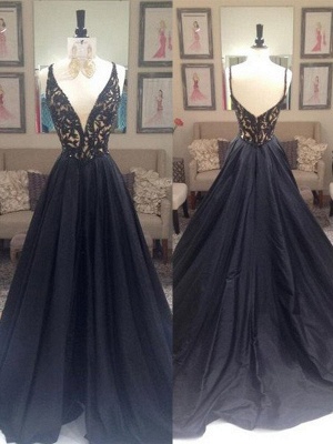 Black Lace Elegant V-Neck Sleeveless Prom Dress UKes UK Open Back Evening Dress UKes UK with Beads_3
