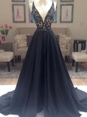 Black Lace Elegant V-Neck Sleeveless Prom Dress UKes UK Open Back Evening Dress UKes UK with Beads_1