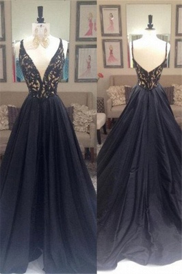 Black Lace Elegant V-Neck Sleeveless Prom Dress UKes UK Open Back Evening Dress UKes UK with Beads_4