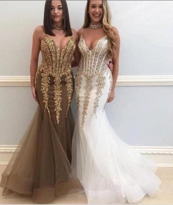 Sweetheart Spaghetti Golden Lace Appliques Tulle Elegant Mermaid Prom Dress UK UKes UK_1