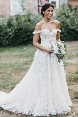 Flowers Off-the-Shoulder Wedding Dresses UK | Appliques Sheer Sleeveless Floral Bridal Gowns_1