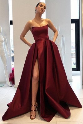 Burgundy Strapless Ruffles Prom Dress UKes UK Sleeveless Side Slit Elegant Evening Dress UKes UK with Pocket_1