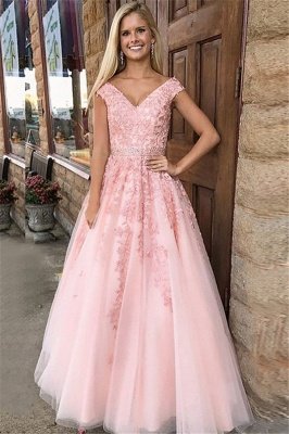 Fashion Pink Off-the-Shoulder Prom Dress UKes UK Lace Appliques Crystal Sleeveless Evening Dress UKes UK with Sash_1