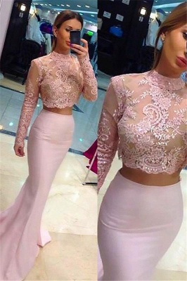 Sexy High Neck Lace Appliques Long Sleeves Prom Dress UKes UK Mermaid Pink Lace Two Piece Evening Dress UKes UK_1