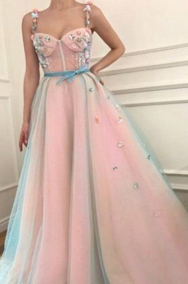 Sexy Flower Bowknot Spaghetti-Strap  Prom Dress UKes UK Ribbons Sheer Sleeveless Evening Dress UKes UK with Beads_1