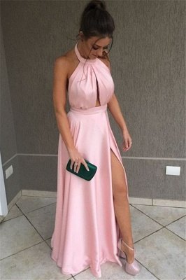 Romactic Pink Halter Side-Slit Prom Dress UKes UK Sexy Sleeveless Elegant Evening Dress UKes UK with Keyhole_1