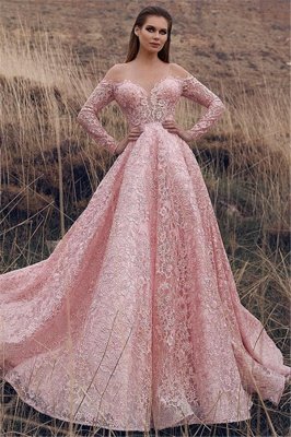 Sexy Pink Off-The-Shoulder with Sleeves Lace Applique Princess A-Line Prom Dress UK UKes UK_1