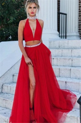 Red Crystal Halter Two Piece Prom Dress UKes UK Side slit A-Line Sleeveless Evening Dress UKes UK_1