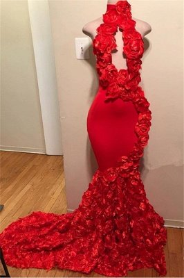 Simple Red Halter Flower without Sleeve Elegant Mermaid Prom Dress UK UK_1
