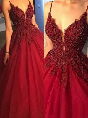 Sexy Spaghetti Strap Beads Prom Dress UKes UK Red Lace Ball Gown Elegant Evening Dress UKes UK_2