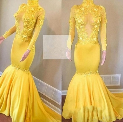 Sexy Yellow High Neck Flower Lace Appliques Elegant Mermaid Long Sleeves Prom Dress UK UKes UK_3