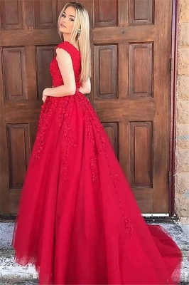 Fashion Red Elegant V-Neck Lace Appliques Prom Dress UKes UK Sleeveless Evening Dress UKes UK with Beads_3