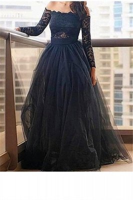 Black Long Sleeves Lace Bateau Prom Dress UKes UK Tulle Sexy Evening Dress UKes UK with Sash_1