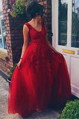 Red Jewel Lace Appliques Sleeveless Prom Dress UKes UK Tulle Evening Dress UKes UK with Beads_2