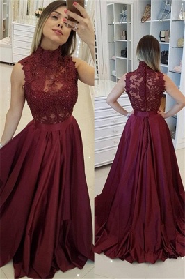 Burgundy High Neck Applique Prom Dress UKes UK Sleeveless Beads Elegant Evening Dress UKes UK with Sash_2