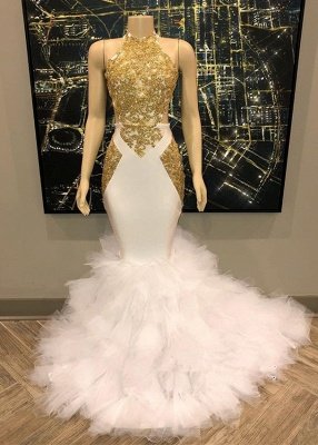 without Sleeve Golden Lace Appliques Tulle Button Elegant Mermaid Prom Dress UK UKes UK_1