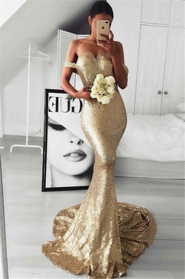 Gold Sequins Off-the-Shoulder Prom Dress UKes UK Sleeveless Mermaid Sexy Elegant Evening Dress UKes UK_1