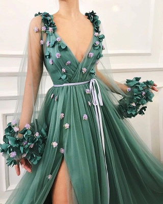 Amazing Green with Sleeves Tulle Side-Split A-Line Prom Dress UK UK_2