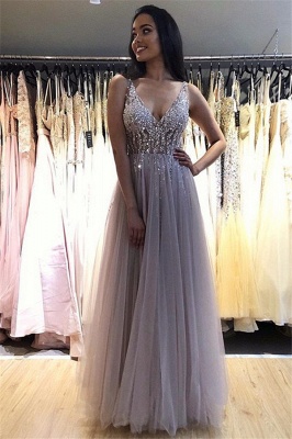 Elegant V-Neck Crystal Open Back Prom Dress UKes UK Tulle Sexy Sleeveless Evening Dress UKes UK_1