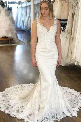 Elegant V-Neck Appliques Wedding Dresses UK | Sleeveless Backless  Sexy Mermaid Floral Bridal Gowns_1