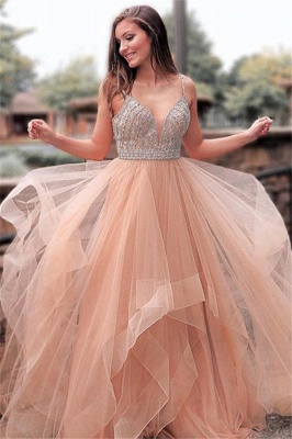 Romactic Pink Spaghetti Strap Crystal Prom Dress UKes UK Sleeveless Tulle Elegant Evening Dress UKes UK Sexy_1