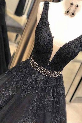 Black Lace Appliques Crystal Prom Dress UKes UK Straps Sexy Sleeveless Evening Dress UKes UK_2
