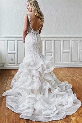 Lace V-Neck  Sexy Mermaid Wedding Dresses UK | Sheer Ruffles Sleeveless Backless Floral Bridal Gowns_2