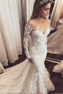 Gorgeous Beads Appliques Off-the-Shoulder Wedding Dresses UK | Ruffles Sheer Longsleeves Floral Bridal Gowns_1