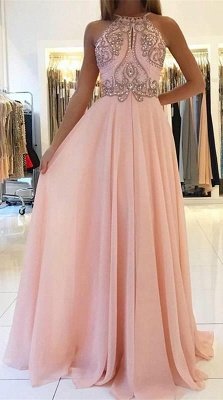 Romactic Pink Halter Applique Prom Dress UKes UK Sleeveless Open Back Elegant Evening Dress UKes UK With Crystal_1