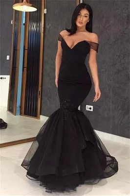 Black Off-the-Shoulder Applique Prom Dress UKes UK Ruffles Mermaid Elegant Evening Dress UKes UK_1