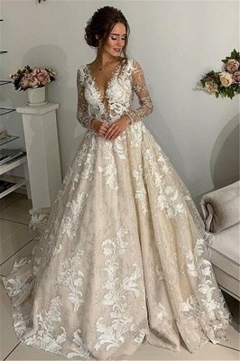 Elegant Lace Appliques V-Neck Wedding Dresses UK | Sheer Long Sleeves Backless Floral Bridal Gowns_1