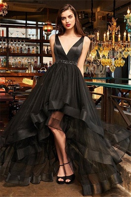 Black Elegant V-Neck Ruffles Crystal Prom Dress UKes UK Hi-Lo Open Back Sleeveless Elegant Evening Dress UKes UK_1