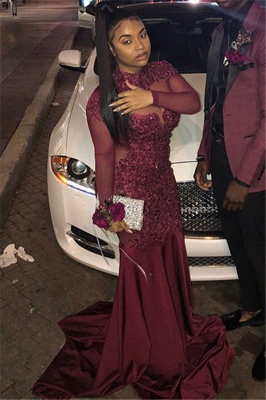 Trendy Burgundy Maroon High-Neck with Sleeves Sheer-Tulle Applique Prom Dress UK UK_2
