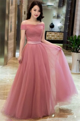 Romactic Pink Off-the-Shoulder Ruffles Prom Dress UKes UK Tulle Sleeveless Elegant Evening Dress UKes UK with Sash_1