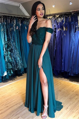 Sexy Off-the-Shoulder Lace Appliques Prom Dress UKes UK Side Slit Sleeveless Evening Dress UKes UK with Beads_3