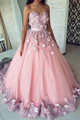 Fashion Pink Flower Sweetheart Lace Appliques Prom Dress UKes UK Ribbons Ball Gown Sleeveless Evening Dress UKes UK with Beads_1