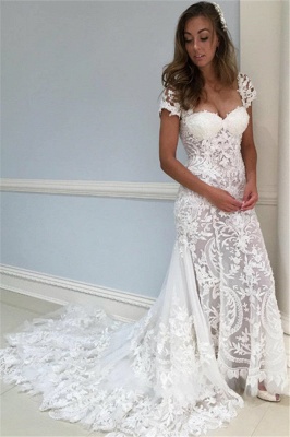 Sheer Appliques Lace Wedding Dresses UK | Sheer Cap Sleeves Floral Bridal Gowns_1