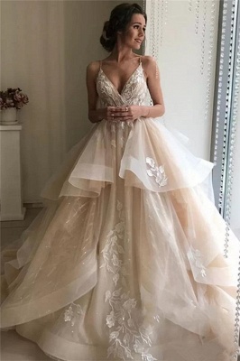 Applique TieElegant Sheer Wedding Dresses UK Spaghetti-Strap Sleeveless Backless Floral Bridal Gowns_1