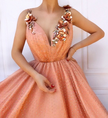 Orange Floral Lace Appliques Straps Sleeveless Tulle A-Line Prom Dress UK_2