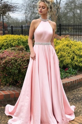 Sexy Pink Halter Crystal Open Back Prom Dress UKes UK Sleeveless Ruffles Elegant Evening Dress UKes UK with Sash_1