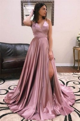 Charmeuse Halter Lace-Up Prom Dress UKes UK Side slit Sleeveless Evening Dress UKes UK_1