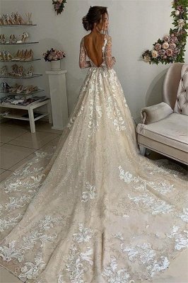 Elegant Lace Appliques V-Neck Wedding Dresses UK | Sheer Long Sleeves Backless Floral Bridal Gowns_2