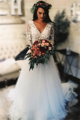 Elegant V-Neck Applique Wedding Dresses UK Sheer Longsleeves Floral Bridal Gowns_1