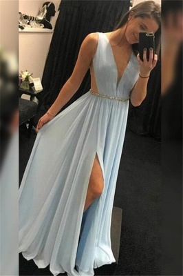 Elegant V-Neck Sequins Sleeveless Prom Dress UKes UK Side Slit Elegant Evening Dress UKes UK with Sash_1