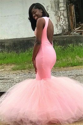 Sweet Pink Sleeveless Lace Appliques Backless Tulle Elegant Trumpt Prom Dress UKes UK UK_2